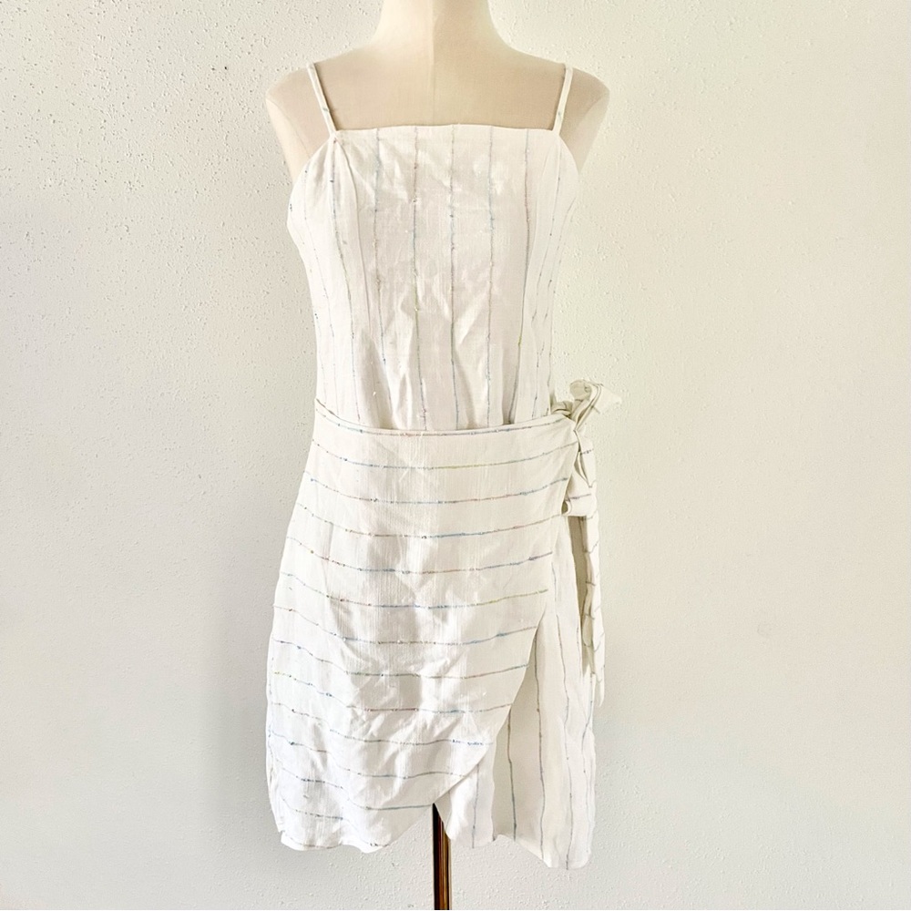 The Impeccable Pig Women's sz Medium Cream Embroidered Striped Linen Dress Mini